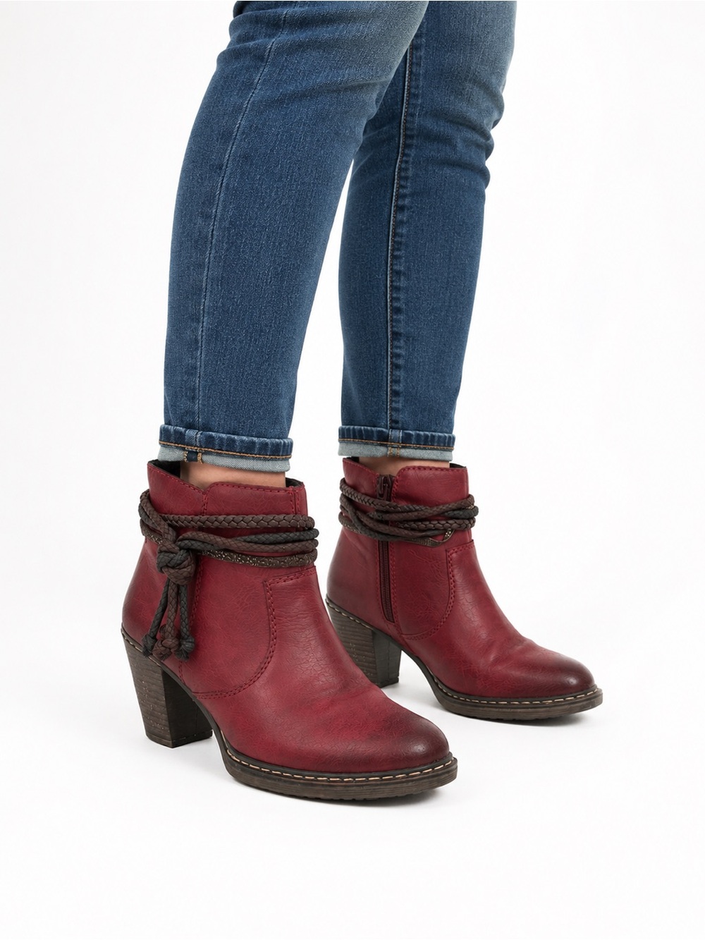 Size 6.5 (EU 37) Rieker Women’s Red Leather Ankle Boots Braided Block Heel Boho